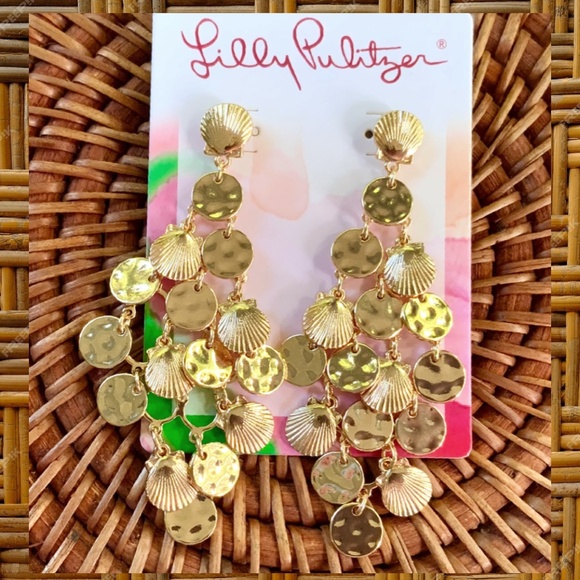 Lilly Pulitzer EARRINGS NWT BEAUTIFUL GOLD SHELL MARACA DANGLING⭐️PIERCED/POST - Picture 2 of 11